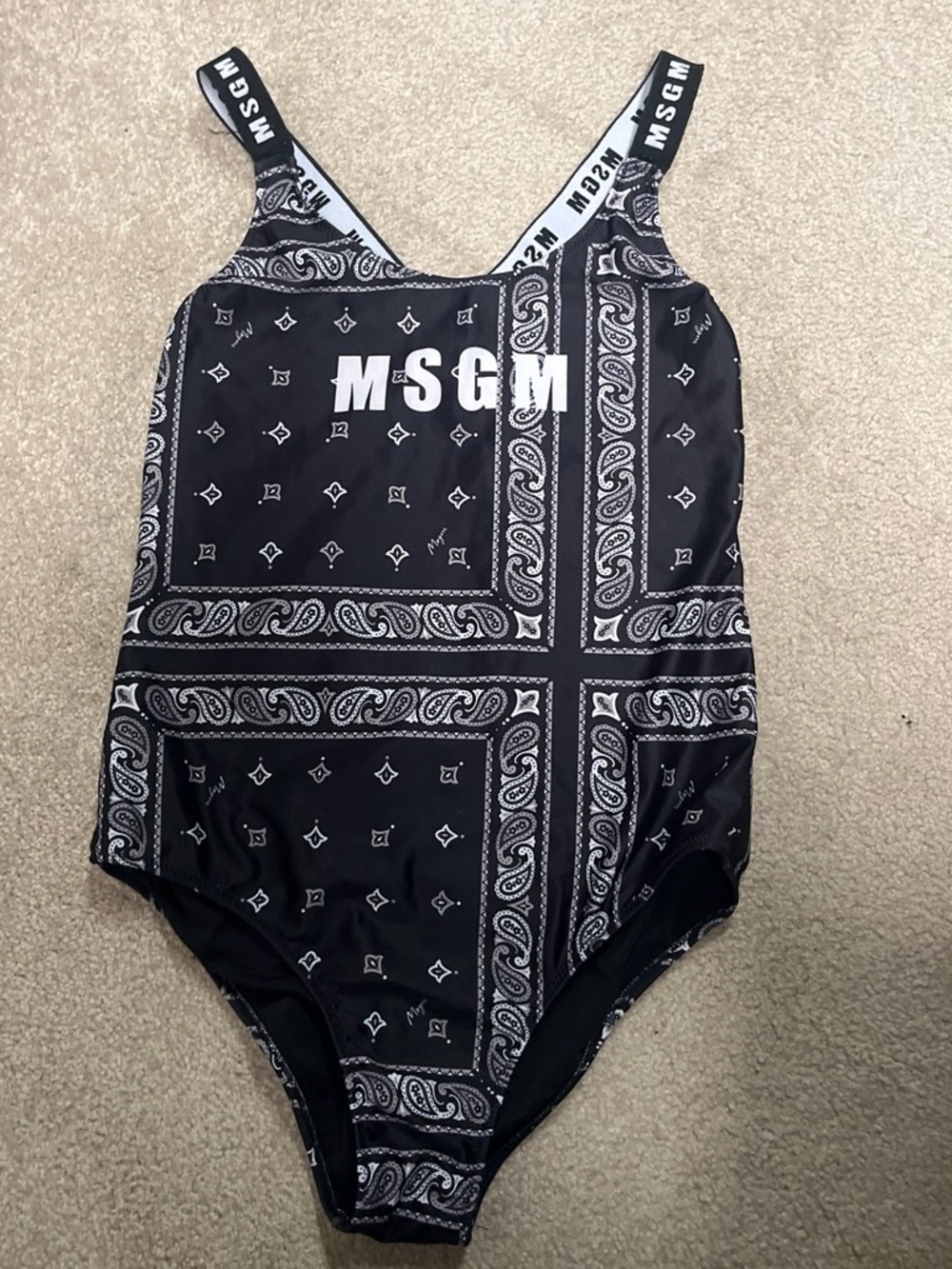 MSGM Kids Black and White Bandana-Print One-Piece Swimsuit with Logo Straps